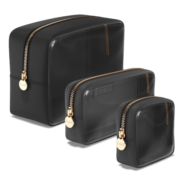 Set de 3 bolsas de cosméticos Embla, color negro transparente, para mujer