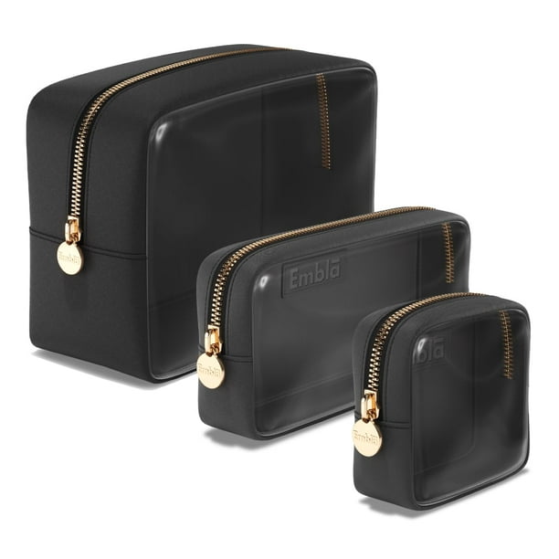 Set de 3 bolsas de cosméticos Embla, color negro transparente, para mujer