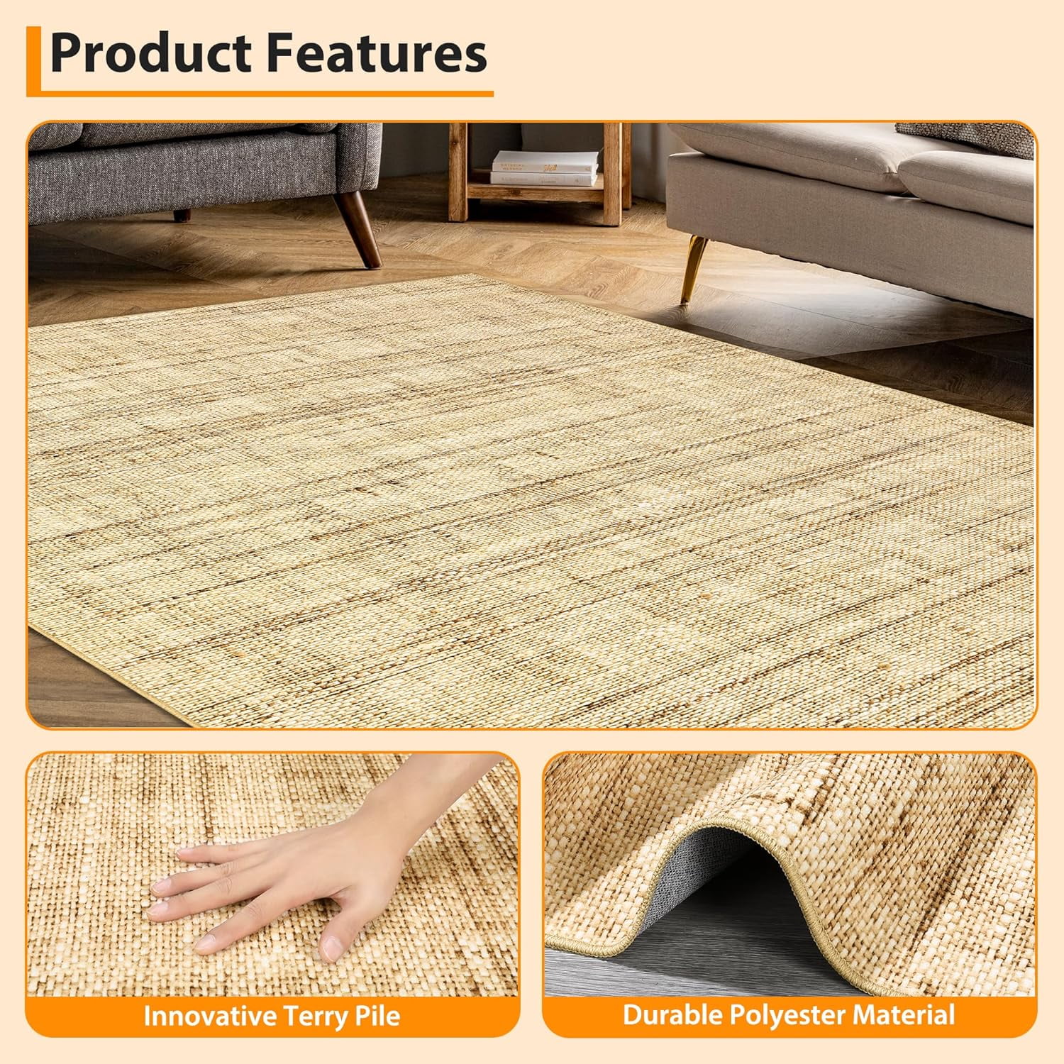 Washable Area Rugs 8x10 Large for Living Room Soft Modern Abstract Low Pile Floor Carpet for Playroom Home Office, Non-Shedding(Khaki)