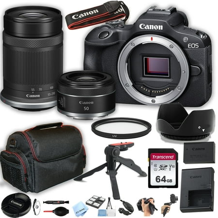Canon EOS R100 Mirrorless Camera with 50mm Prime Lens + 55-210mm Lens + 64GB Memory Card Case Hood Grip-Pod Filter Professional Photo Bundle