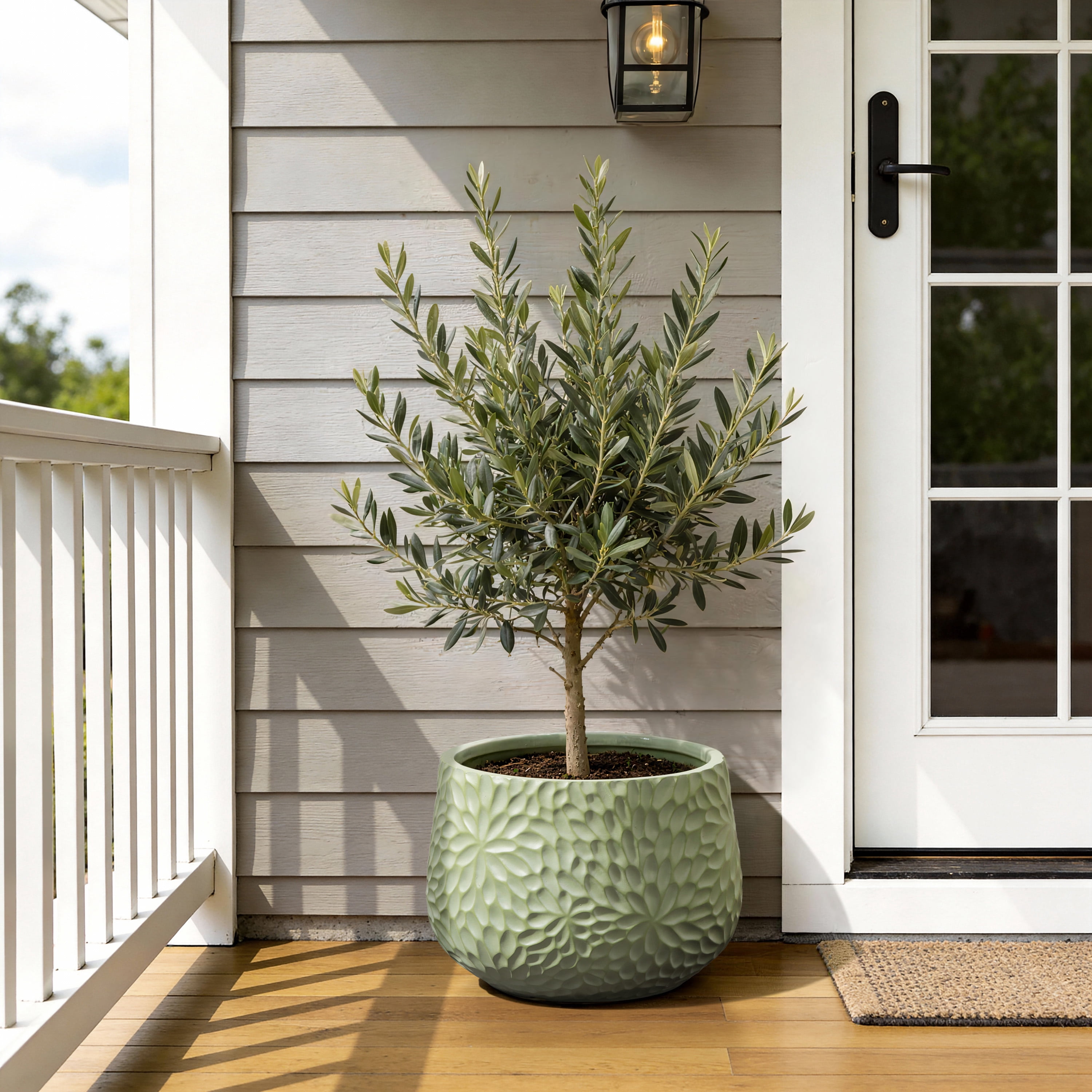 LuxenHome 16" Dia Green Large Round Planter with Floral Texture, Decorative Garden Plant Pot Indoor Outdoor Use