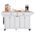 thumbnail image 3 of AR 60.5" Kitchen Island on Wheels, 4 Doors and 3 Drawers, Rolling Storage Cart with Rubberwood Countertop & Adjustable Shelves, White, 3 of 10
