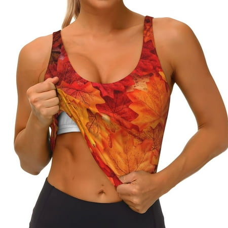 Qokaie Autumn Leaf Pattern Womens Scoop Neck Sports Bra Breathable Workout Vest Padded U Back Medium Impact Fitness Gym Yoga Bra Workout Crop Top