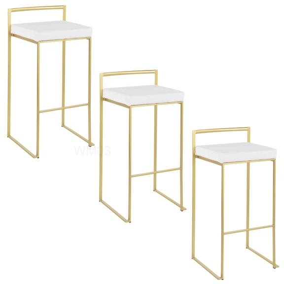 Set of 3 White Velvet Bar Stools, Gold Stackable Counter Height Stools for Kitchen