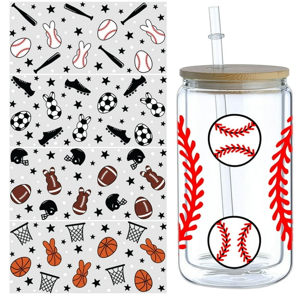 5 Pieces Baseball Sports DIY UV DTF Transfer Stickers for Glass Cups, Waterproof Decals, Plastic Self-Adhesive Labels for Bottles and Cups Decoration