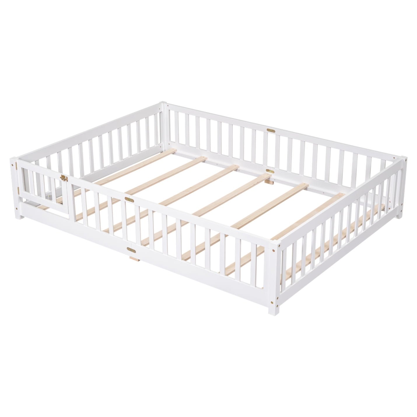 Queen Size Floor Bed with Fence for Kids, Wood Montessori Toddler Bed Frame with Door and Slats Support, Queen Size Platform for Girls and Boys, White