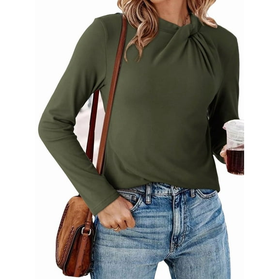 Womens Long Sleeve Thermal Twist Knot Mock Neck Business Casual Slim Fit Soft Stretch Tees Blouses  Green XXL