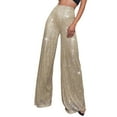 thumbnail image 2 of Capris for Women Women's Fashion Casual Sequined Pants Sparkling Sequins High Waisted Wide Leg Flared Pants Flared Nightclub Wear plus Size Women Work Business Casual Petite Petite Gold XL, 2 of 6