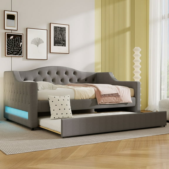 Euroco Upholstery Full XL Daybed with Trundle and LED Light, Gray