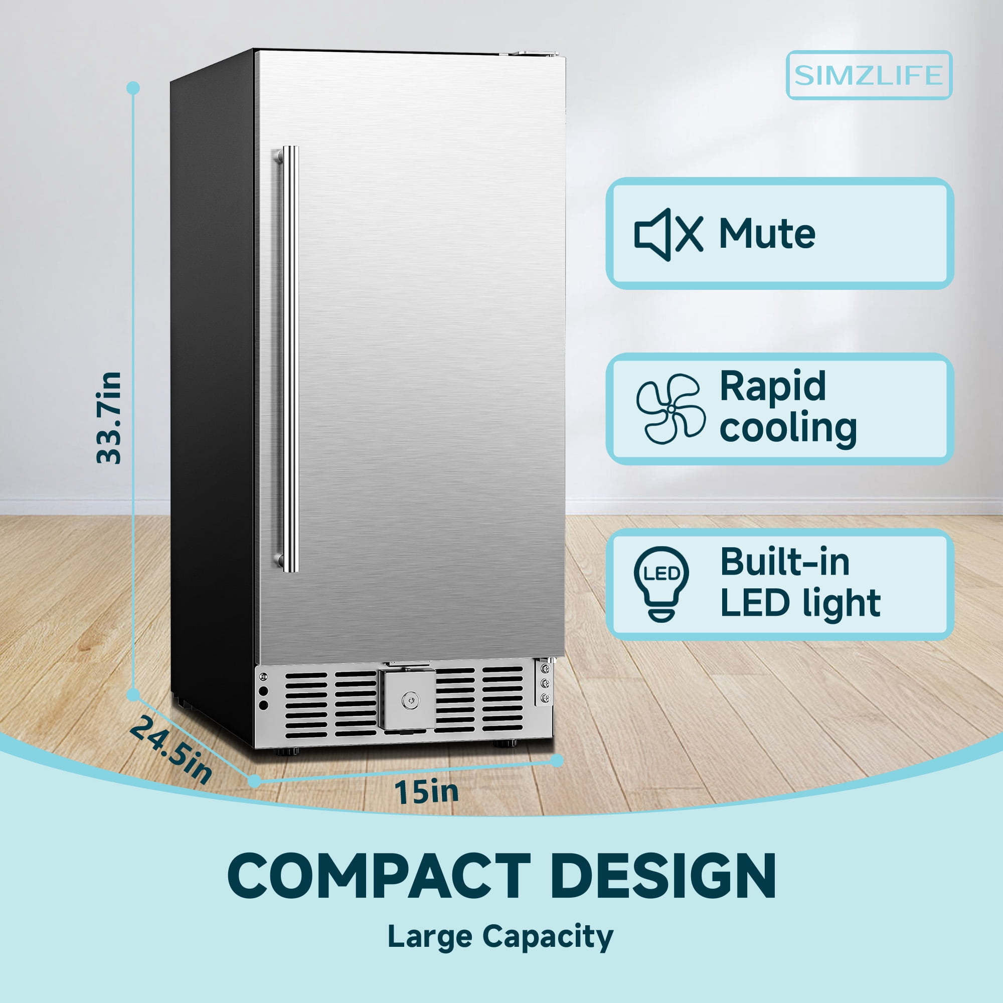 Simzlife 3.2 Cu.ft Beverage Refrigerator,130 Cans Under Counter Drink Fridge,Auto LED Lights,Silver Stainless Steel