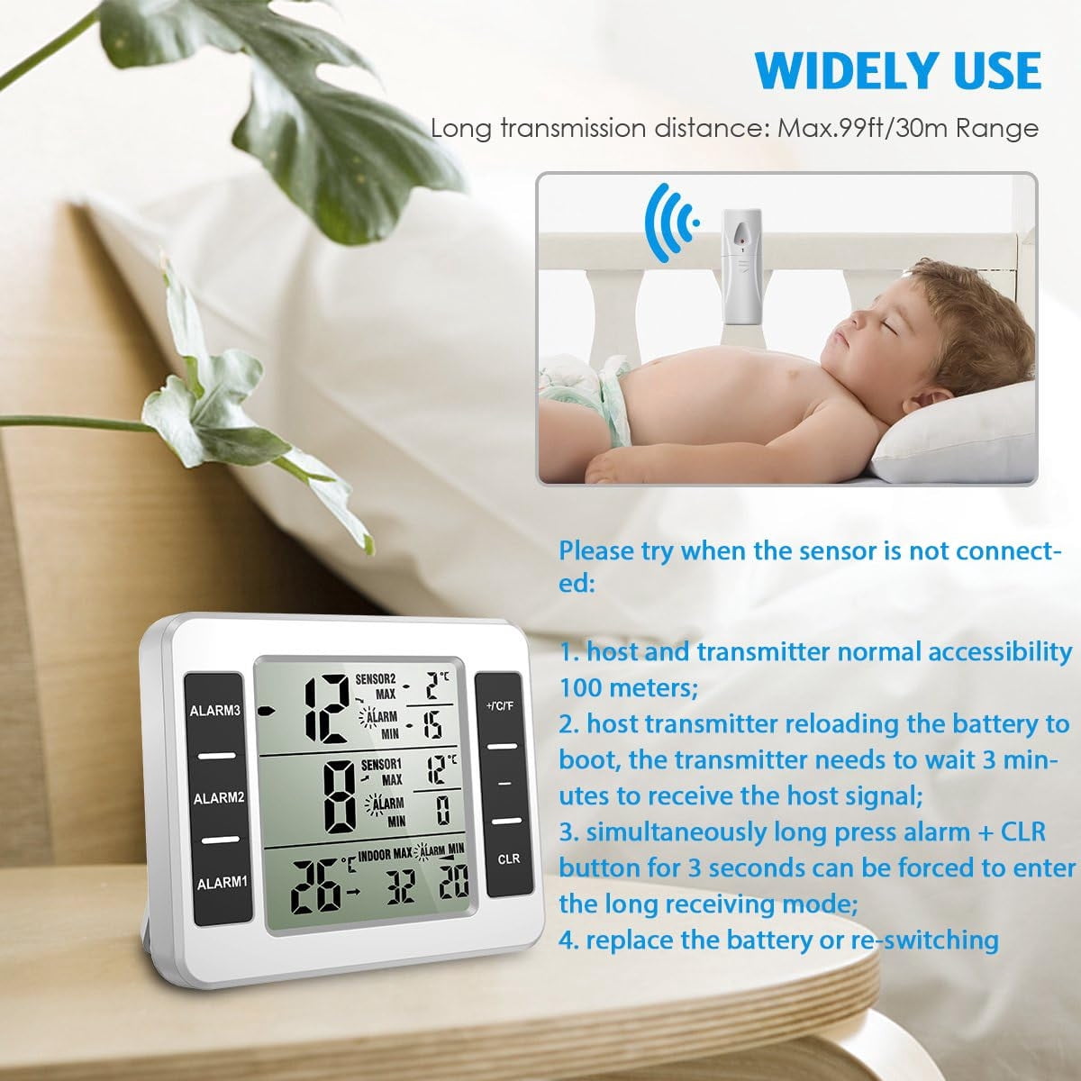 Refrigerator Thermometer, Wireless Indoor Outdoor Freezer Thermometer, Sensor Temperature Monitor with Audible Alarm Temperature Gauge for Kitchen, Freezer, Home,Mothers Day Gifts