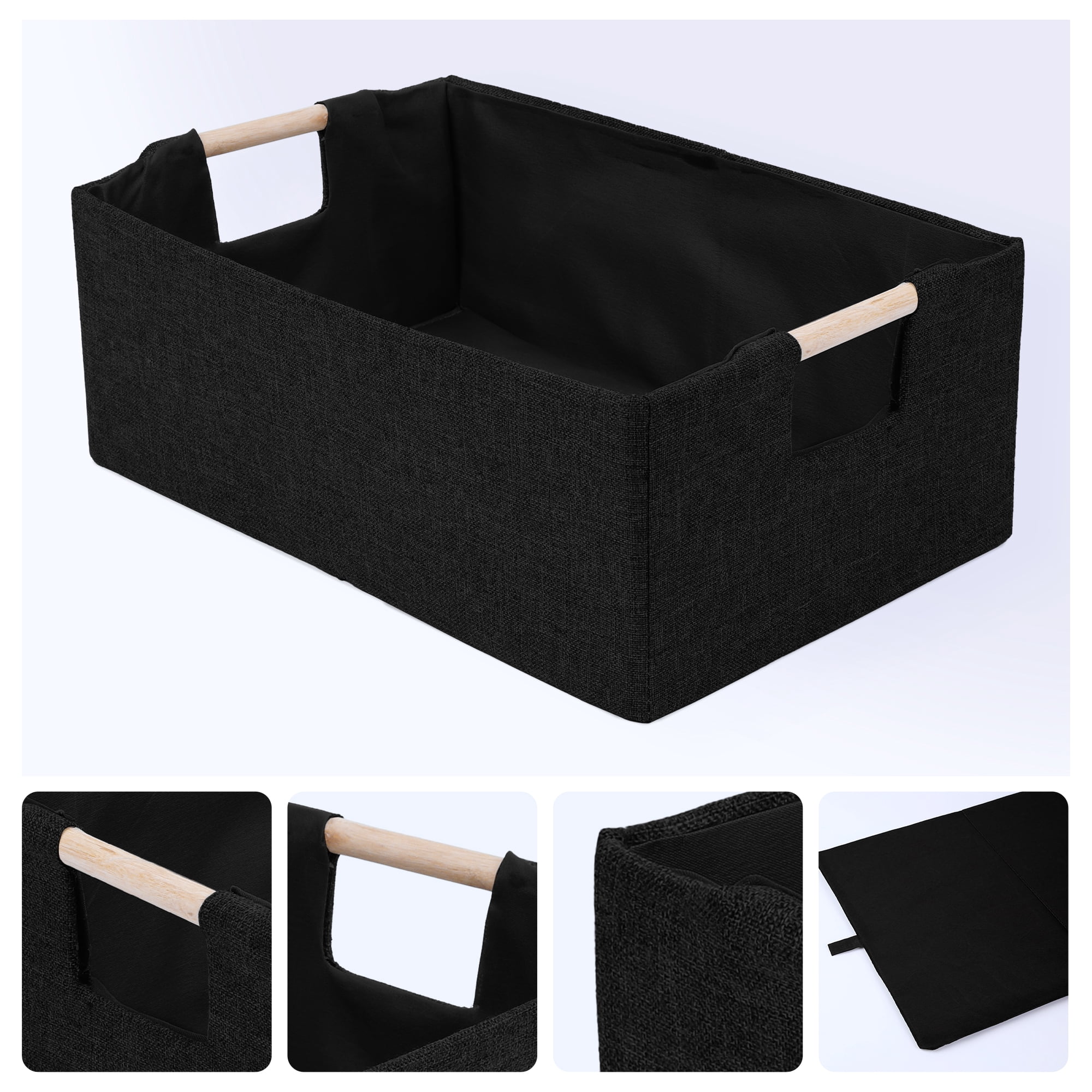 Unique Bargains Foldable Storage Basket with Wood Handles Black 15*10.6*5.9