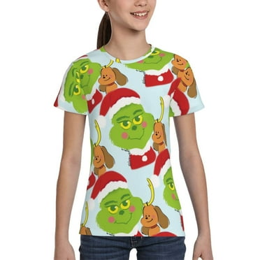 Christmas Cartoon Grinch Girls Short Sleeve T-Shirt Crewneck T Shirts 3D Printing Cartoon Graphic Tops for Girls Boys Tee 6-16 Years,XS