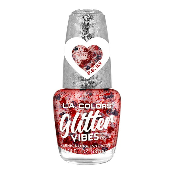 L.A. COLORS Glitter Vibes Nail Polish, P.S. ILY, Red & White Hearts, 0.44 fl oz