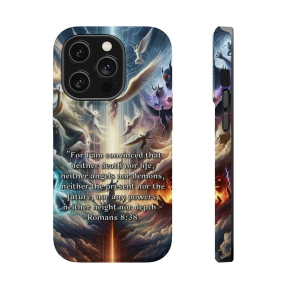 DistinctInk Tough Case for Apple iPhone 13 Pro MAX (6.7" Screen), Compatible with MagSafe Charging - "Immutable Faith: Romans 8:38 - Conquering Death, Life, and Beyond"