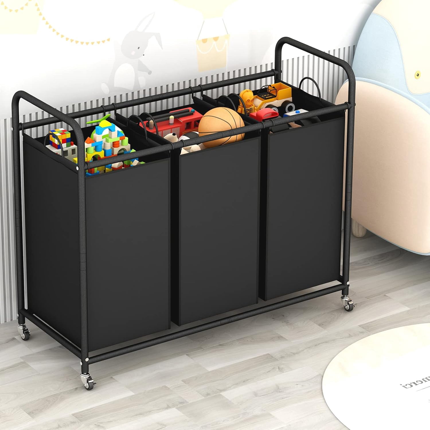 3-Bag Laundry Basket Hamper Laundry Sorter Cart laundry room organization with Heavy Duty Rolling Lockable Wheels and Removable Bags (Black)