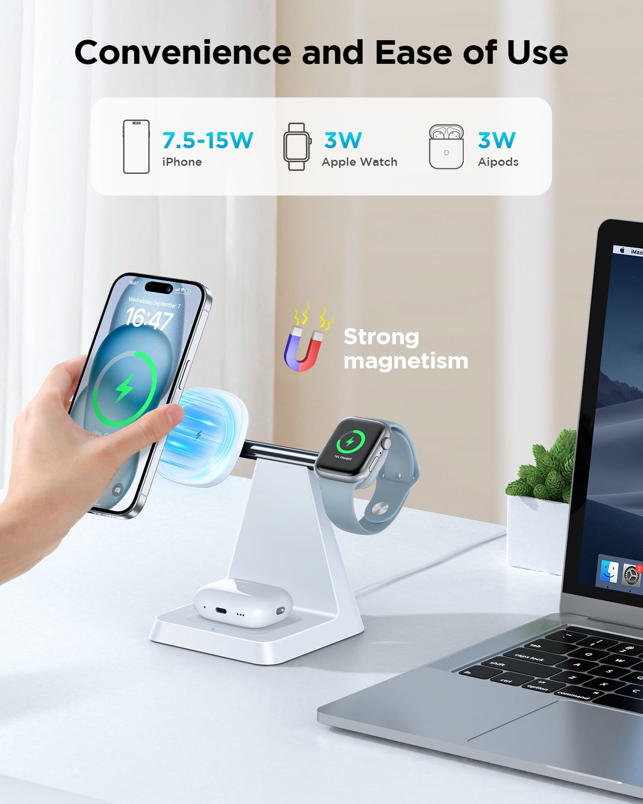 3 in 1 Wireless Charger for iPhone: Charging Station for Apple Devices, Fast Charging Stand for iPhone 15 14 13 12 Pro/Pro Max/Plus/Mini AirPods&iWatch