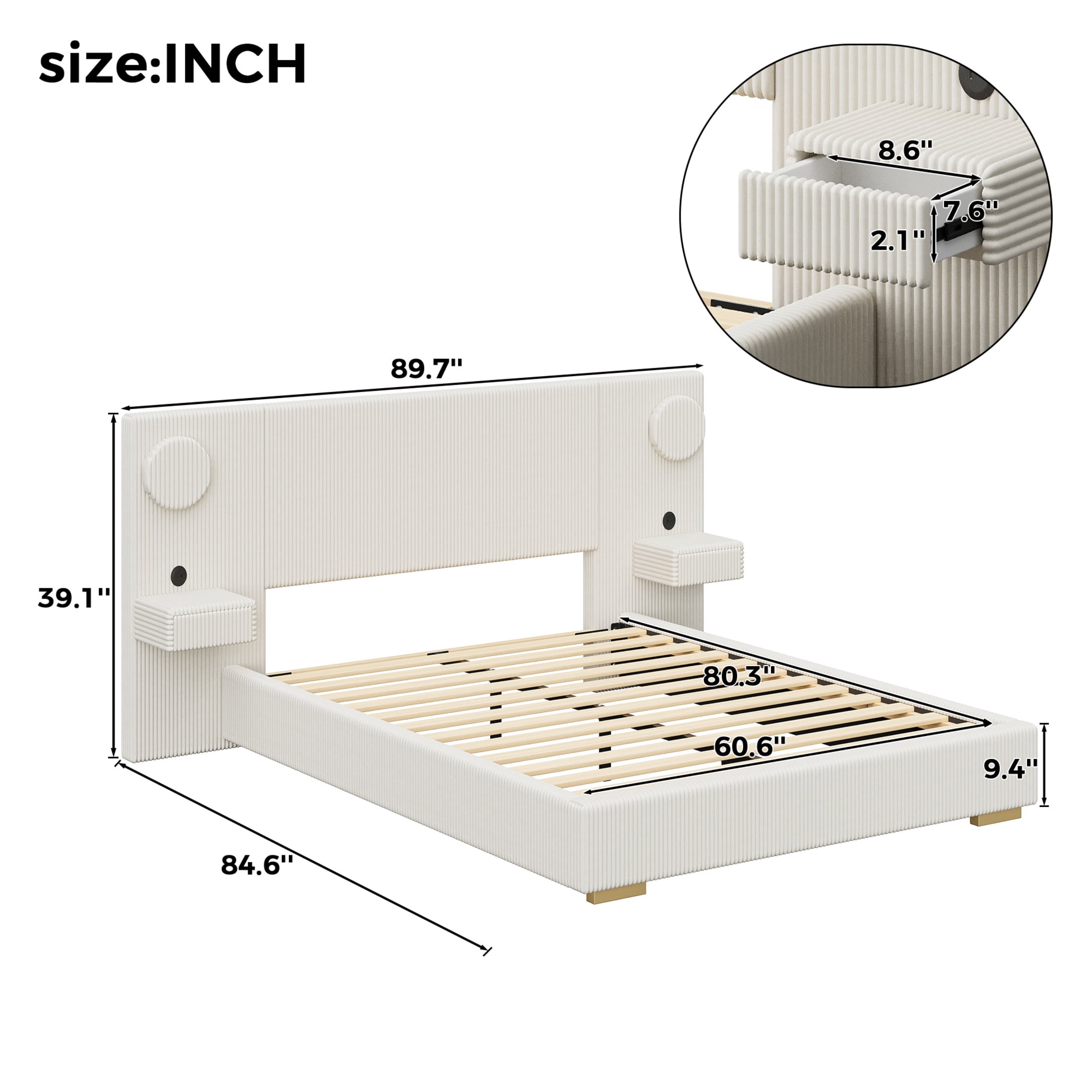 Noble House Dellas Queen Size Upholstered Platform Bed with LED Lights, Charging Ports & Side Storage Drawers, Beige