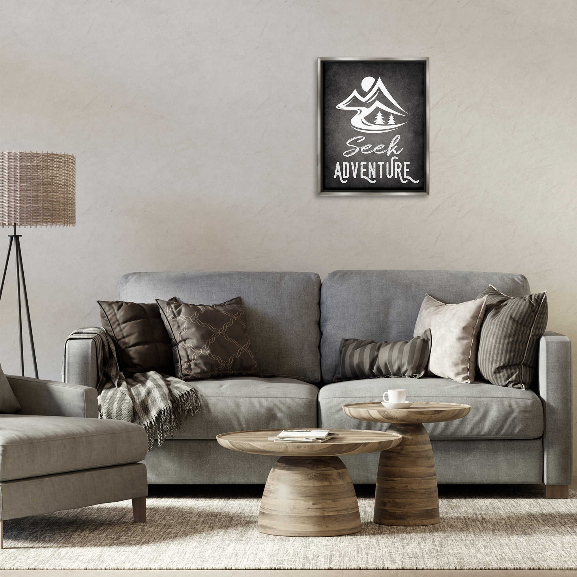 Stupell Industries Seek Adventure Phrase Typography Painting Gray Floater Framed Canvas Art Print Wall Art, 17 x 21
