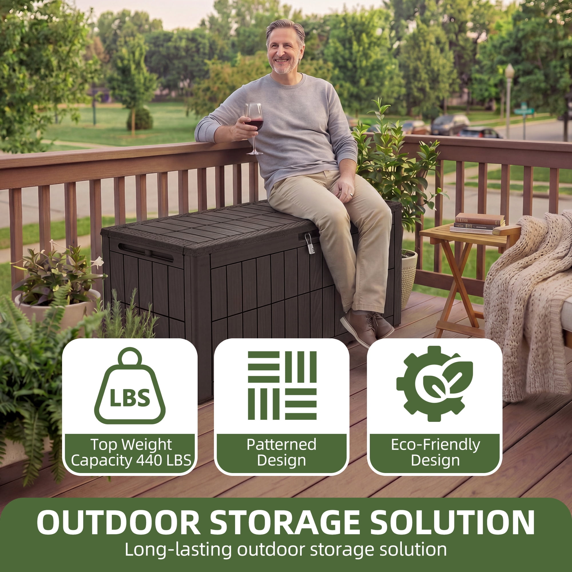 Uforic 110 Gallon Outdoor Deck Box, Waterproof Resin Lockable Storage Box, Patio Bench with Seat, Outdoor Storage Container for Garden Tools, Pool Supplies and Patio Cushions, Dark Brown