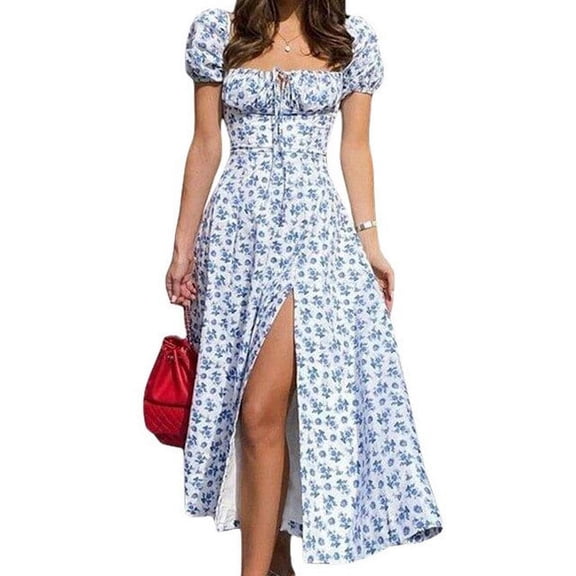 YCNYCCHY Women Sweet Dresses Summer Clothes 2023 Flutter Short Sleeve Square Neck Floral Elastic Waist Dress Evening Party Streetwear