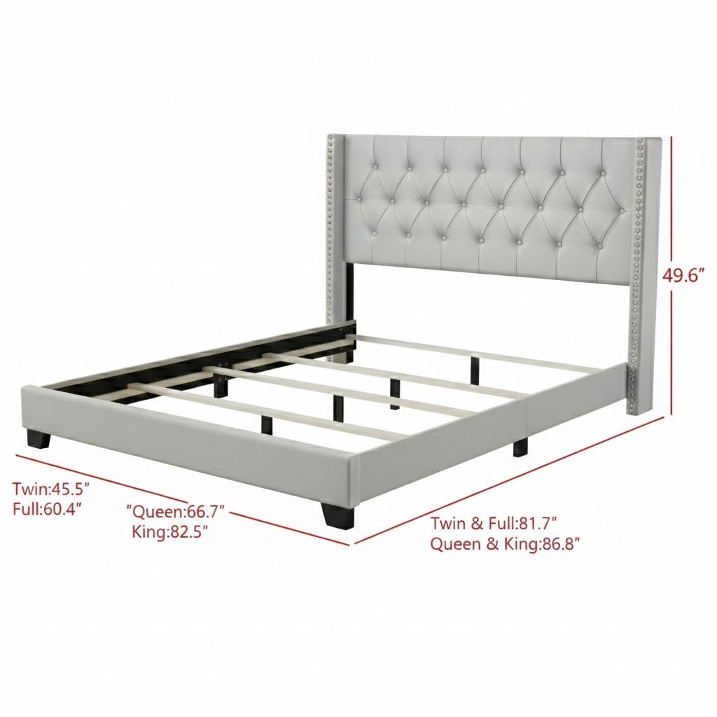 Home Design Brady Full Tufted Wingback Upholstered Panel Bed Frame, Silver Faux Leather