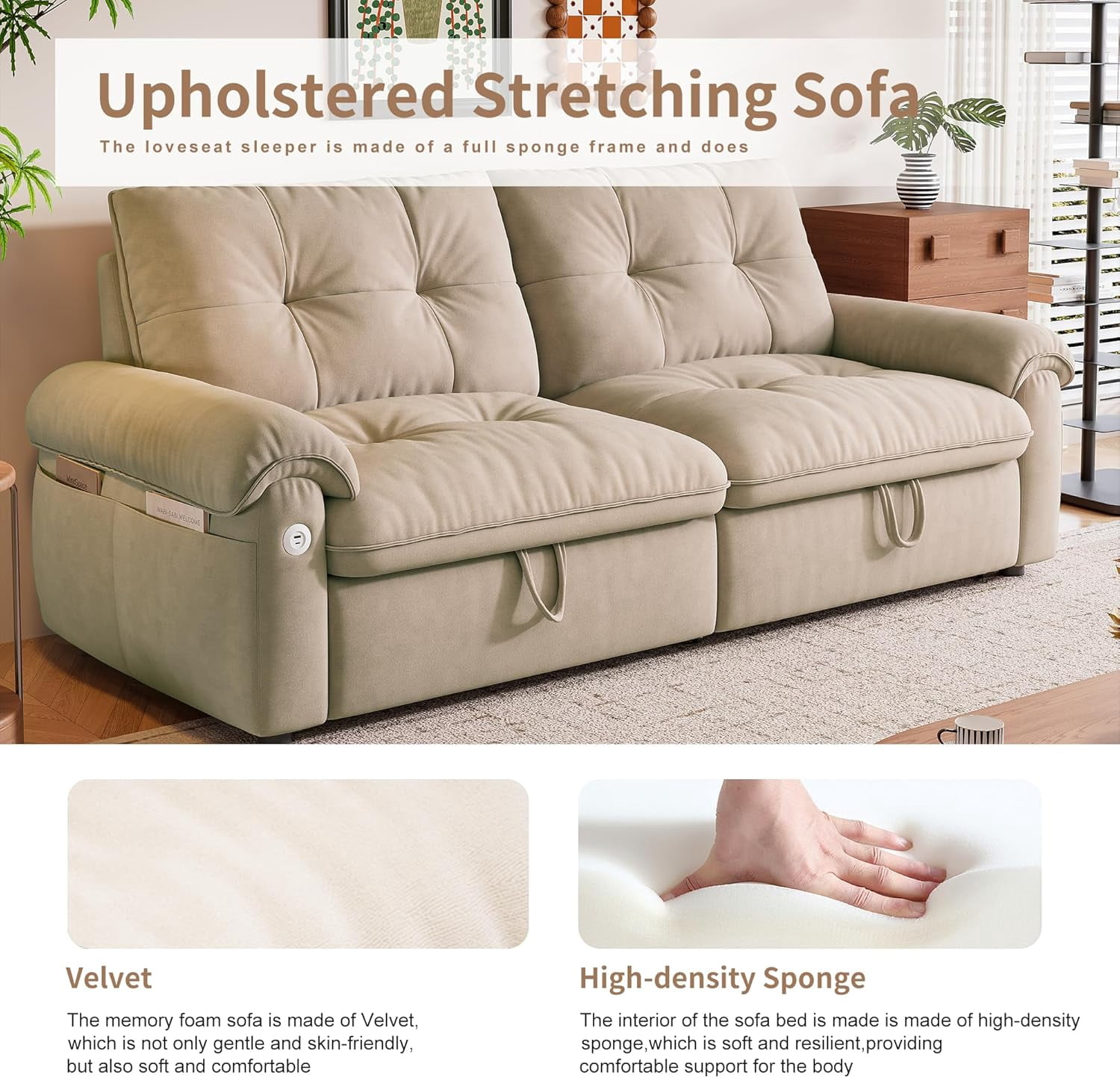 77" Queen Size Convertible Sleeper Sofa, 3-in-1 Chenille Couch Bed with Cup Holders & USB Ports for Living Room, Bedroom & Small Spaces