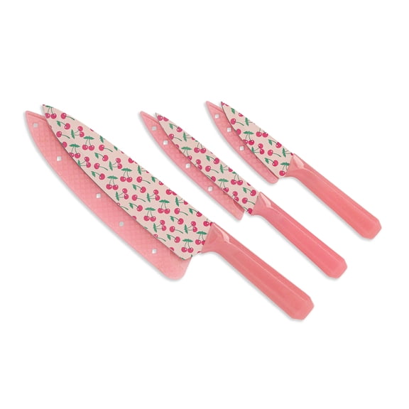 Paris Hilton 3-Piece Cutlery Set, Stainless Steel Blades with Cherry Decal, Pink Jewel-Faceted Handles