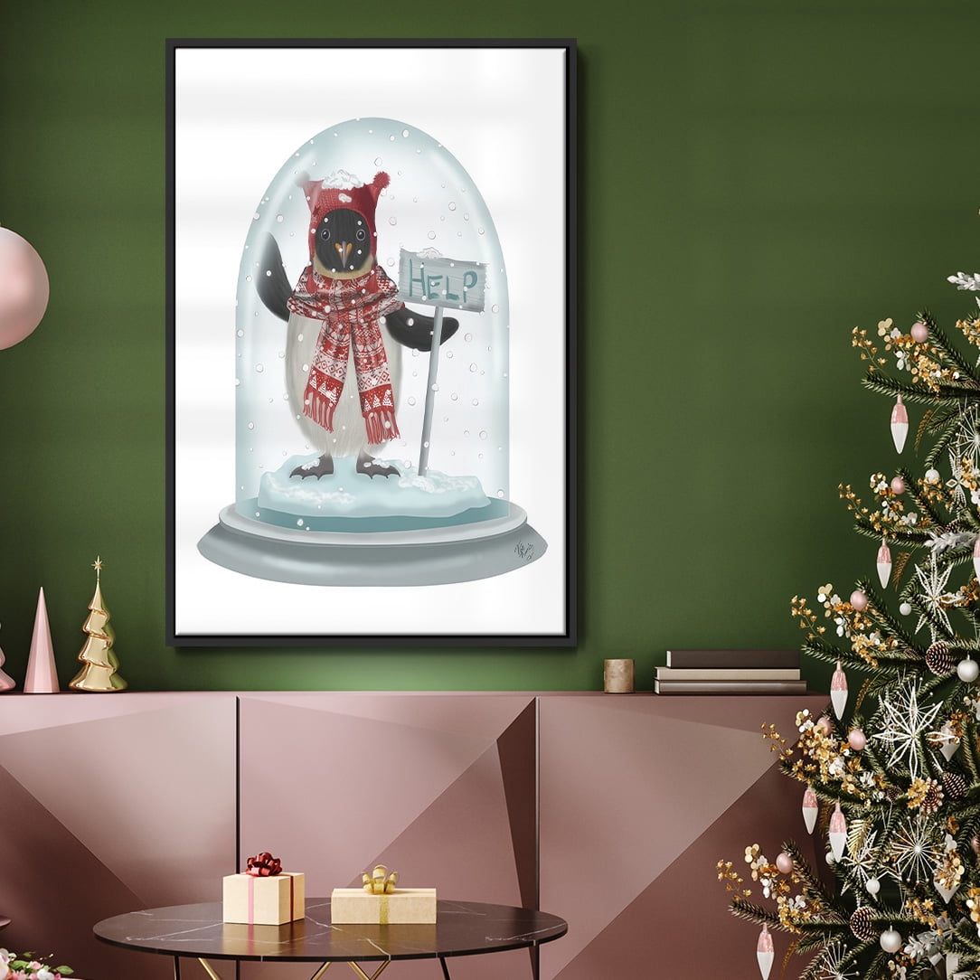 Christmas Penguin Snow Globe - Framed Gallery Wrapped Holiday Canvas - 17 x 25 - Black Frame