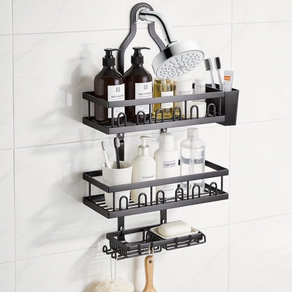 3-Tier Hanging Shower Caddy, Rustproof Metal Bathroom Organizer with No-Drill Hooks, Soap Dish & Toothbrush Holder, Over Shower Head Storage Shelf for Bathroom, Black