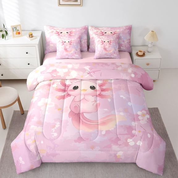 Manfei Pastel Floral Twin Bedding,Sakura Axolotl Bedding Comforter Set For Girls,Pink,Pink Reversible,7 Pieces
