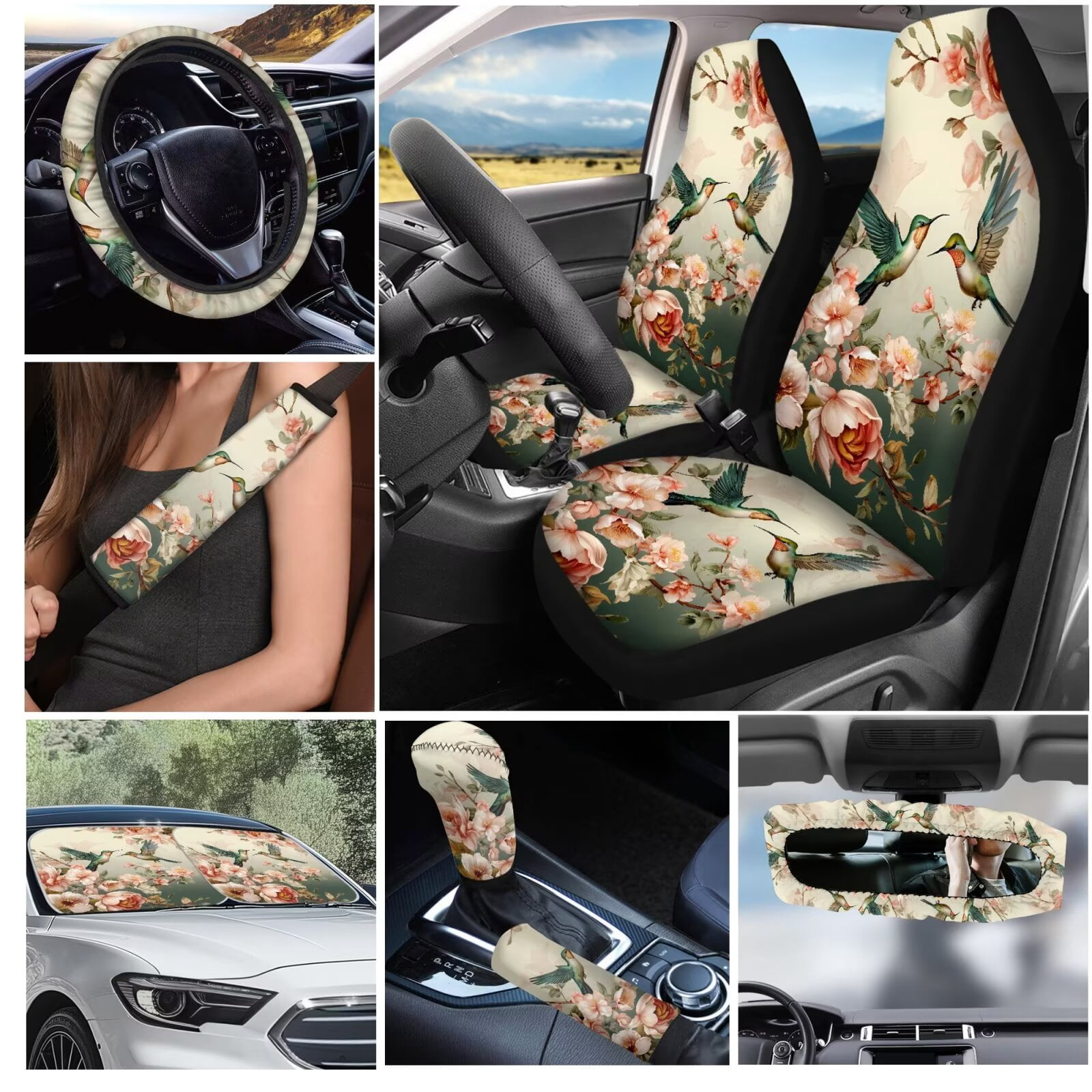 Garronmavis Aesthetic Flower Hummingbird 16 Pcs Car Accessories Set Car Seats Belts Shoulder Pad Covers Keychain Gear Shifting Knob Cover Cup Mats Front Window Sunshade Rearview Mirror Cover