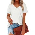 thumbnail image 2 of Camiseta de manga corta con cuello en V para mujer, jersey de Color sólido, informal, elegante, suave, versátil, cómodo, Tops, 2 of 4