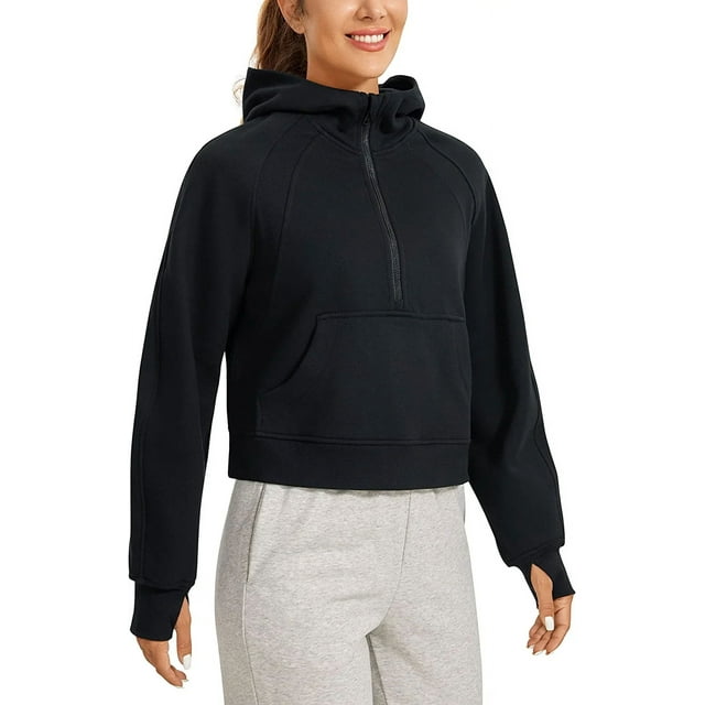 Sweat à Capuche Doublé de Polaire pour Femmes Pull Demi-Zip avec Trou pour le Pouce