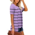 thumbnail image 5 of Wyobmus Womens V Neck T Shirts Loose Fit Summer Striped Short Sleeve Dressy Pleated Front Tops Casual Novelty Mock 2 Piece Blouse Shirts B-Purple, 5 of 7