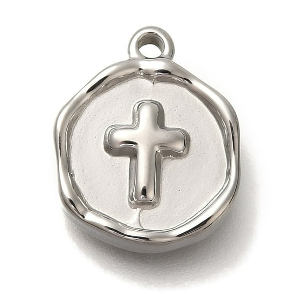 3 pc Anti-Tarnish 304 Stainless Steel Pendants Flat Round Charm Stainless Steel color Cross 15x12x3mm Hole: 1.5mm
