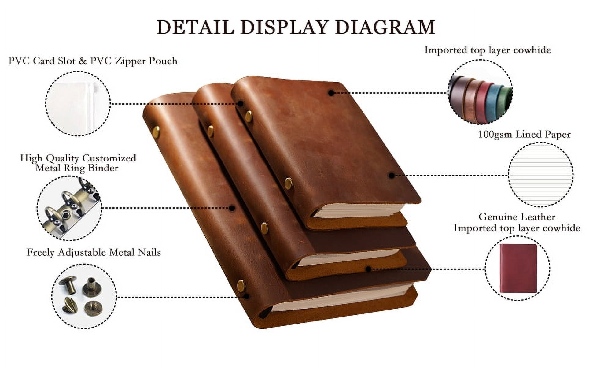 KISSKI·H Olvido Leather Notebook Journals, A5 Binder 6 Ring Refillable Travelers Notebook, Vintage Journals for Writing, A5 Planner Binder, Handmade Folio Organizer, Gift for Women/Men, Brown