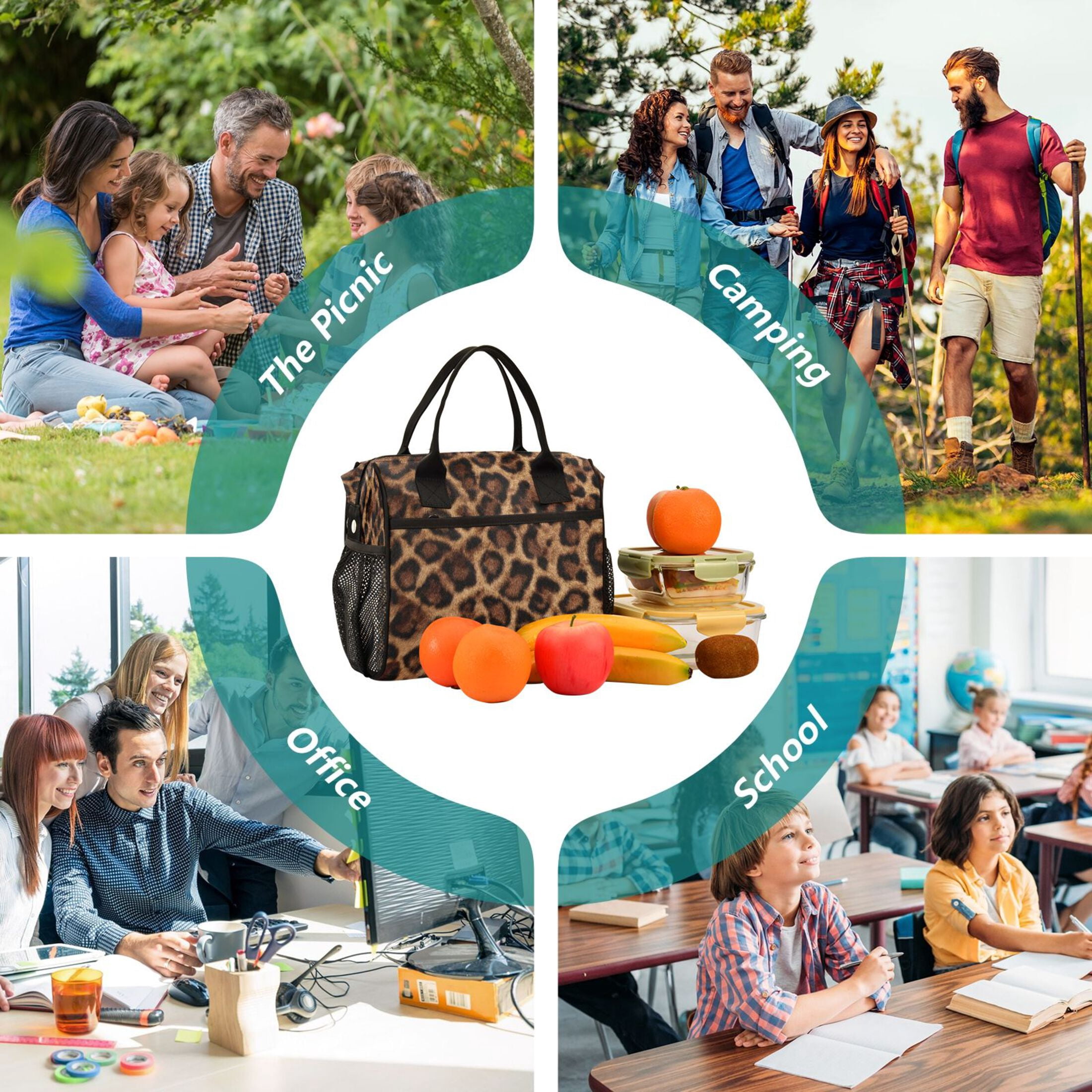 Iauyy Insulated Thermal Lunch Tote Bag for Women - S/M Sizes Portable Picnic Work Bag ,Brown Leopard Print