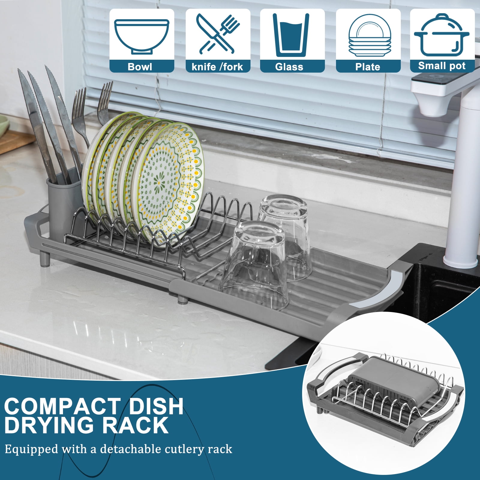 Dish Drying Rack, Extendable Dish Rack, Drying Rack Kitchen,Compact Dish Drainer,Utensil Holder, Cup Holder, Drying Rack for Kitchen Sink