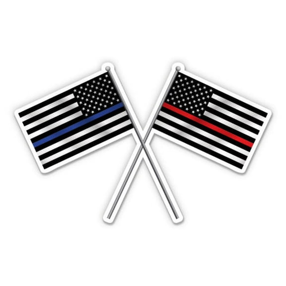 USA Police Firefighter Flags Blue Line Red Line - 3" Vinyl Sticker - For Car Laptop I-Pad Phone Helmet Hard Hat - Waterproof Decal
