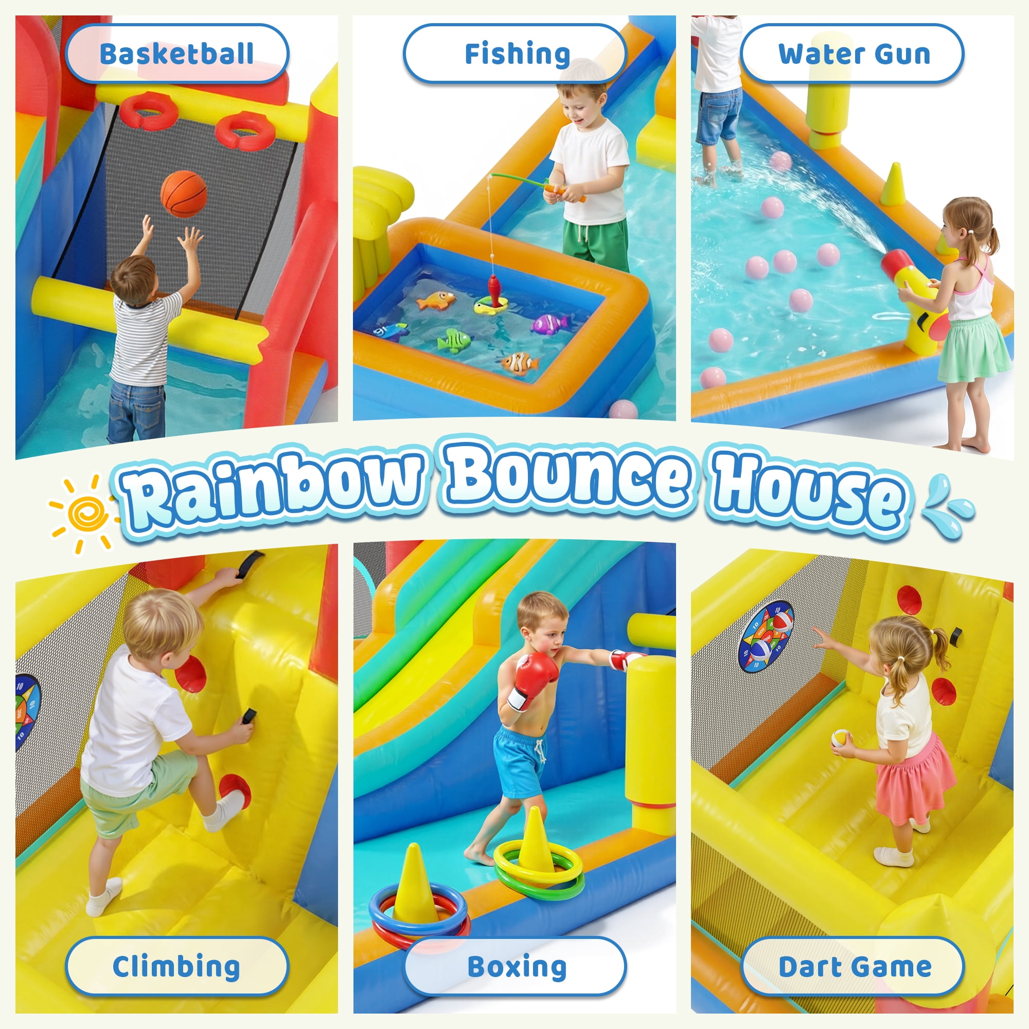 Sunnyfree 13 in 1 Inflatable Bounce House, 185" × 157" × 83" XXL Inflatable Water Slide, 196in power cord, Fishing Game, Double Water Slides, Basketball Hoop, Climbing Wall, Indoor&Outdoor