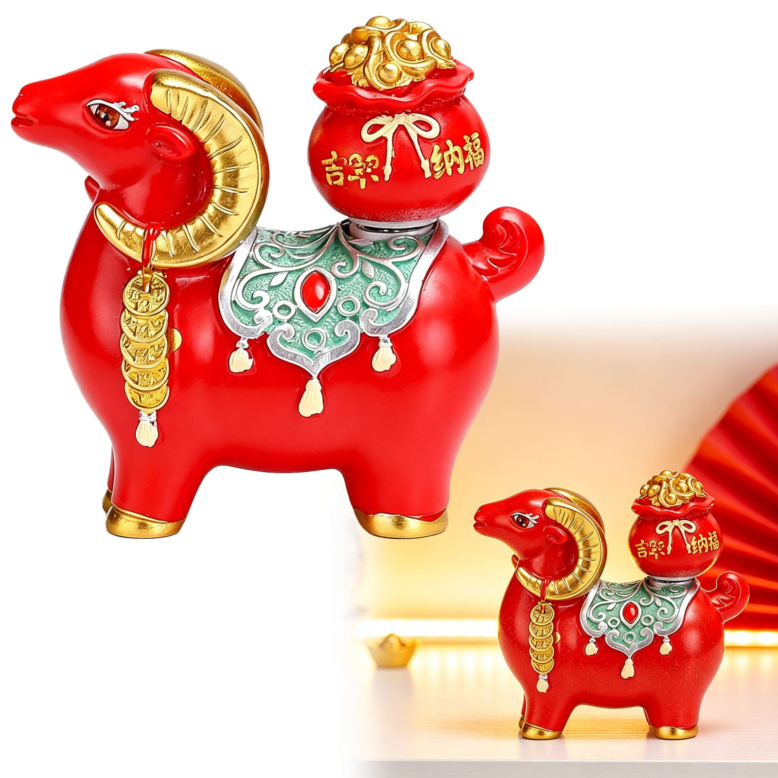 Goat Resin Figurine with fortune Bag Feng Shui Animal Statue for Home office Desk Decor Collectible Resin Ornament