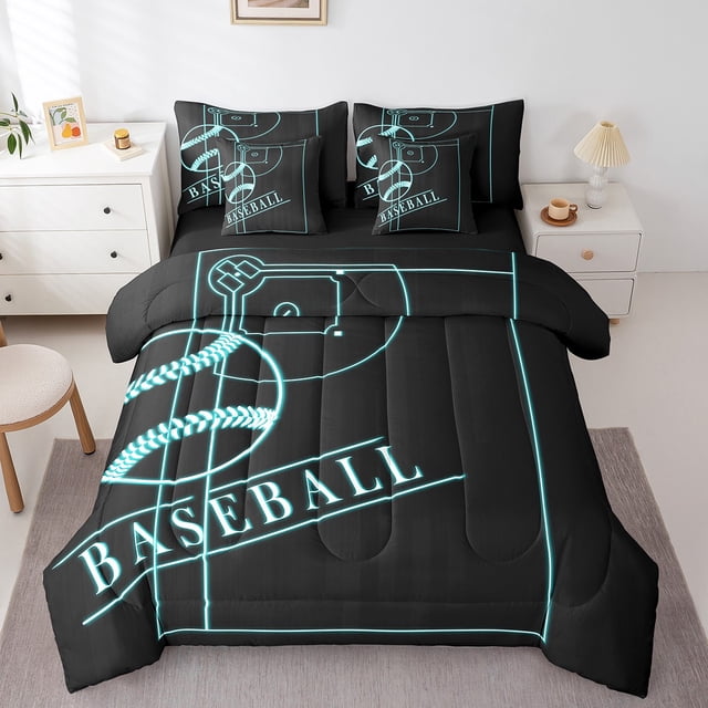 YST Ensemble de Literie Sport 7 Pcs avec Couette, Thème de Match de Baseball, Noir Sarcelle, Format Double