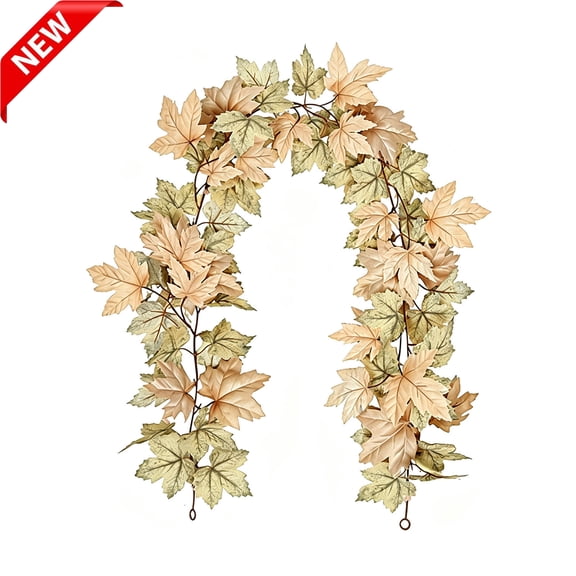 5.7FT Neutral Beige Plastic Artificial Maple Leaf Garland, Fake Faux Autumn Fall Vine, Indoor Outdoor Halloween Thanksgiving Decorations, Hanging Foliage Garland for Mantel Staircase Arch Home Decor