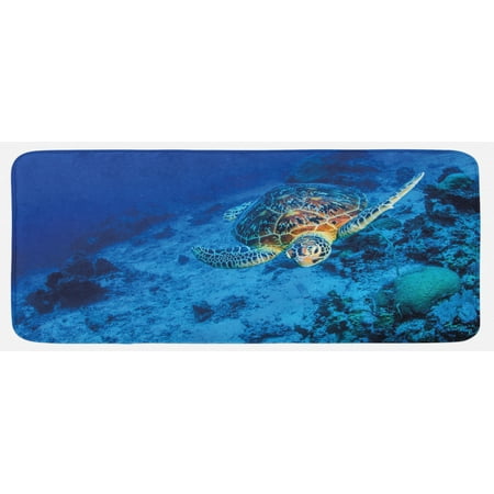 

Turtle Kitchen Mat Oceanic Wildlife Themed Photo of Sea Turtle in Deep Blue Waters Coral Reef Hawaiian Plush Decorative Kitchen Mat with Non Slip Backing 47 X 19 Blue Orange by Ambesonne