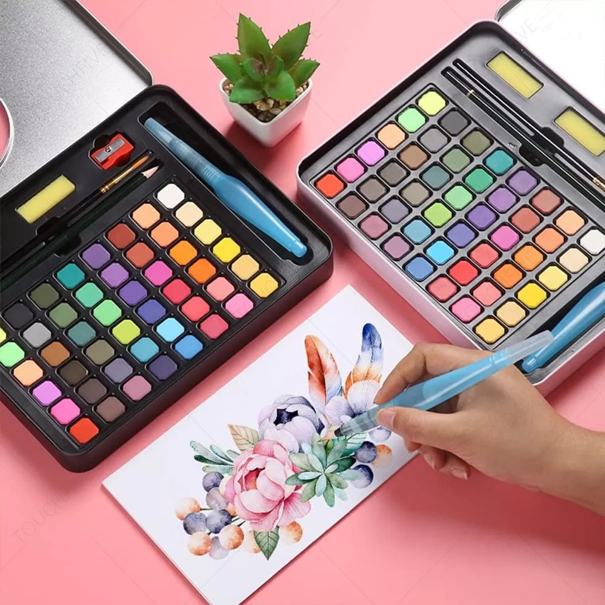 UU&T 48 Colors Watercolor Paint Set, 59 Pcs Painting with Palette Set, Painting Brushes, Water Color Paper, Art Supplies Kit with Gift Box, Pink