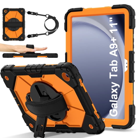 for Samsung Galaxy Tab A9 8.7" 2023 Case, Military Grade Heavy Duty Silicone Protection Cover with Pencil Holder   360 Rotating Stand   Wrist Handle Rugged Cover, Black Orange