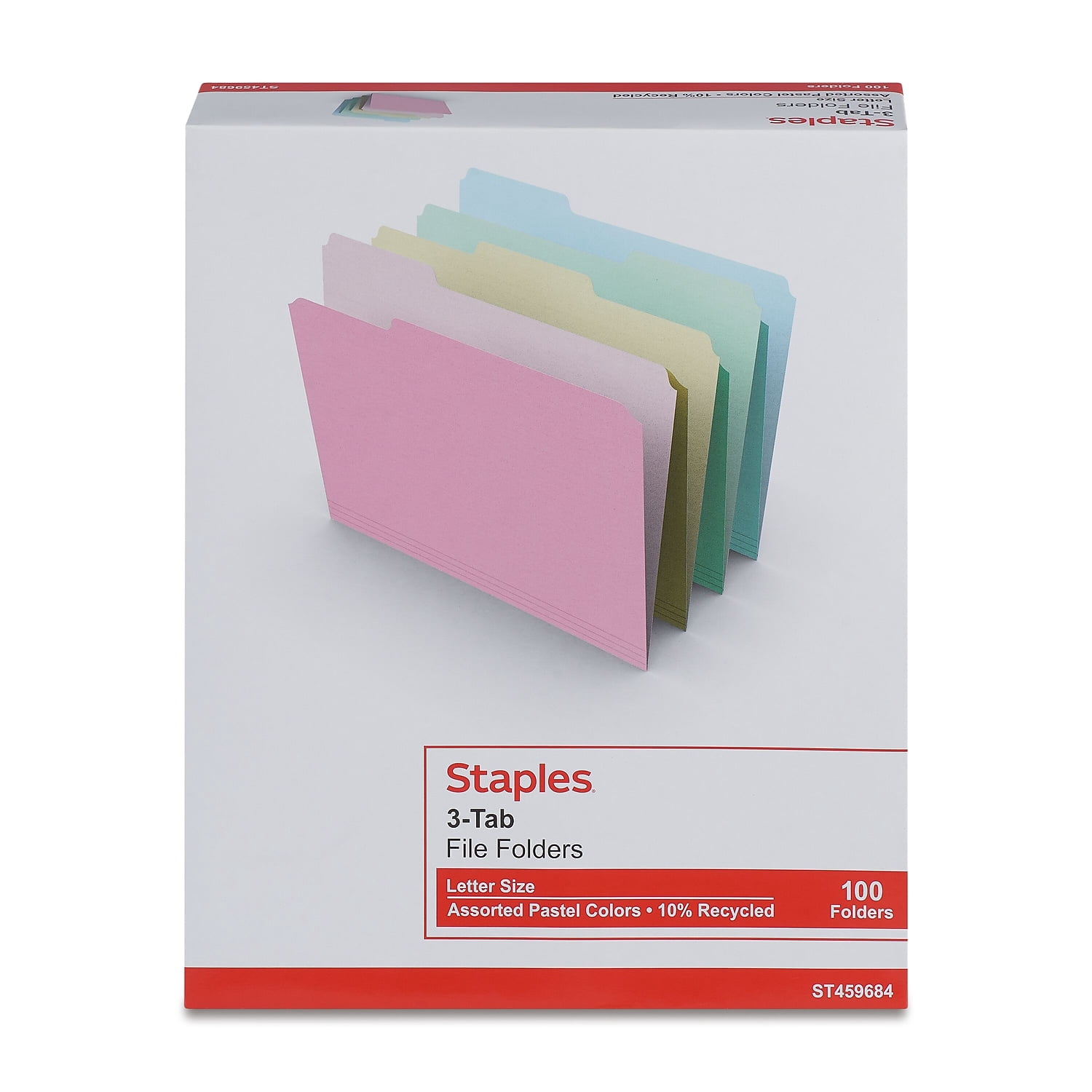 Staples Top-Tab File Folders 3-Tab Letter Assorted Pastel Colors 100/BX TR459684/459684