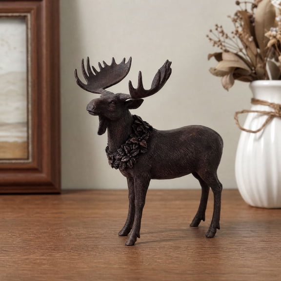 Clearance! Resin Standing Moose with Wreath Collar Christmas Decoration, Brown, 6",Rustic Woodland Tabletop Decor for Mantel Shelf Entryway