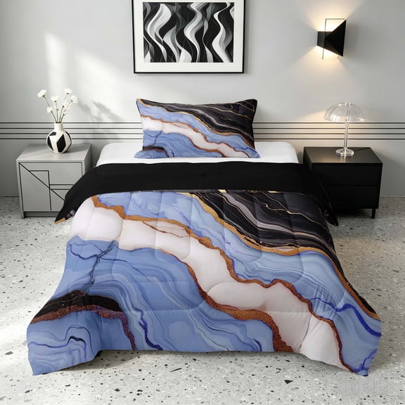 Manfei Aesthetic Marble Twin Comforter Sets, Marbling Metallic Bedding Set, Blue, Black and Gold, Black Reversible 2-Piece, 1 Comforter and 1 Pillowcase